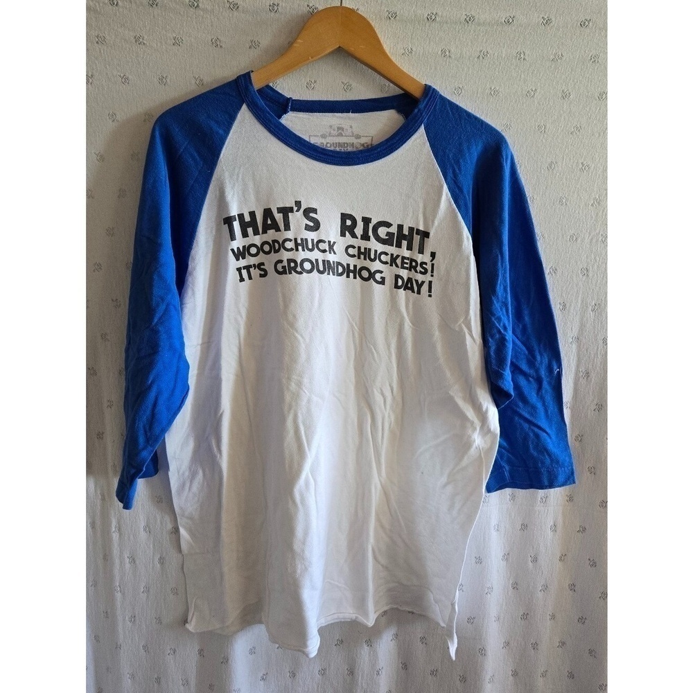 Groundhog Day Broadway Raglan Long Sleeve Tee in White and Blue Size L